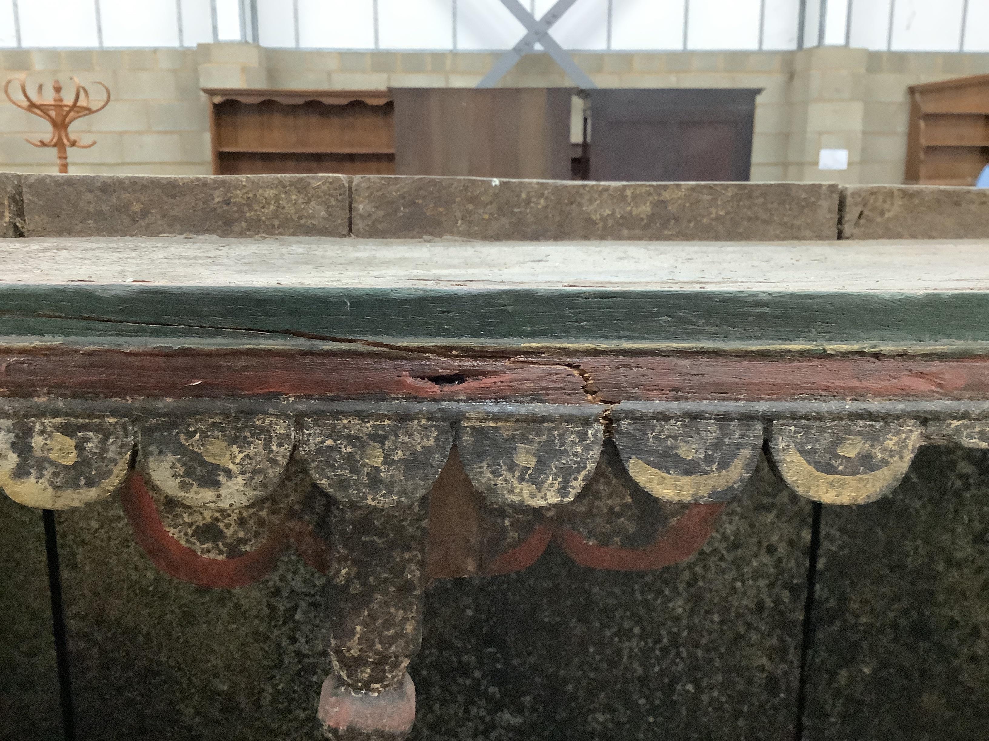 An Indian painted hardwood bank of drawers (af), width 96cm, depth 31cm, height 141cm